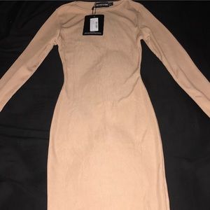 Tan Ribbed Long Sleeve Midi Dress